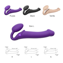 Size comparison chart for M, L, XL with dimensions; purple, black, and vanilla colour options