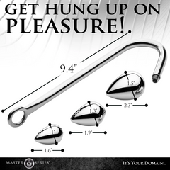 Size diagram of the 9.4-inch anal hook and three plugs ranging from 1.6 to 2.3 inches wide