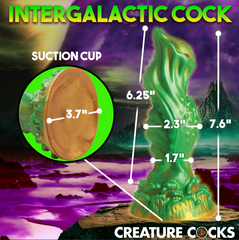Size diagram of alien silicone dildo: 6.25in insertable, 7.6in total, 3.7in suction cup