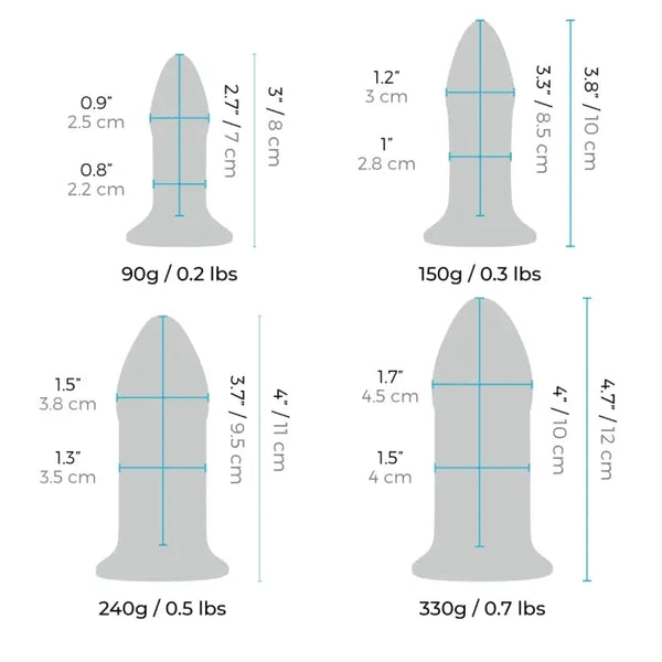 Size diagram for all four b-Vibe glass plugs with dimensions and weights from 90g to 330g