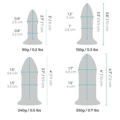 Size diagram for all four b-Vibe glass plugs with dimensions and weights from 90g to 330g