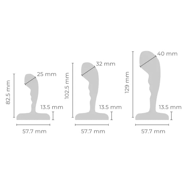 Size diagram of all three steel plugs with labeled dimensions ranging from 82.5 mm to 129 mm
