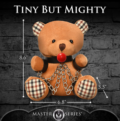 Size diagram of bondage teddy bear plush measuring 8.6 inches tall and 6.8 inches wide