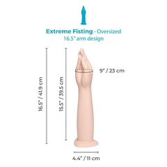 Size diagram of the fisting dildo showing 16.5 inch total length and 9 inch circumference