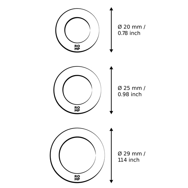 Size diagram of Remix Trio rings: 20 mm, 25 mm, and 29 mm inner diameters