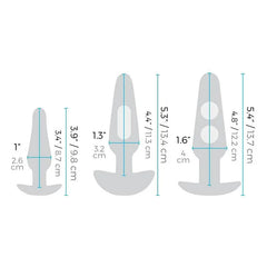 Size diagram of three b-Vibe silicone anal plugs ranging from 3.9 to 5.4 inches tall with width measurements