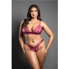 Plus-size front view of berry leatherette bralette and lace thong set with zipper detail
