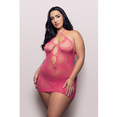 Plus size front view of hot pink lace knit halter dress with pearl rivet detail and keyhole bodice