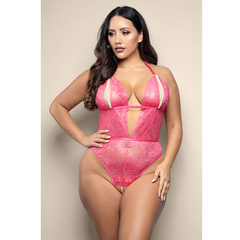 Plus-size front view of hot pink shimmer lace crotchless teddy with pearl string cup detailing