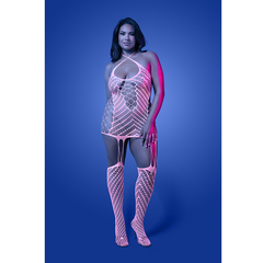 Plus-size front view of Metamorphic halter-neck fishnet bodystocking dress glowing neon pink