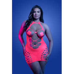 Plus-size front view of neon pink open-bodice halter dress with cross pasties and cut-out detailing
