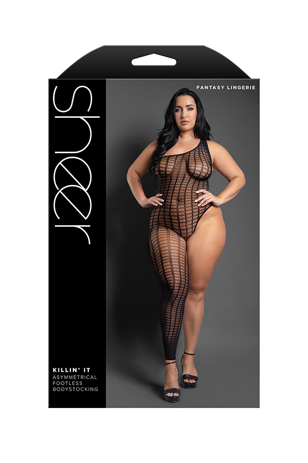 Plus-size Killin' It footless bodystocking shown in retail packaging, asymmetrical neckline, grid-knit black