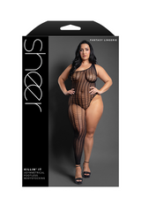 Plus-size Killin' It footless bodystocking shown in retail packaging, asymmetrical neckline, grid-knit black