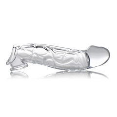 Size Matters 2 Inch Clear Extender Sleeve shown horizontally, featuring textured transparent TPE shaft