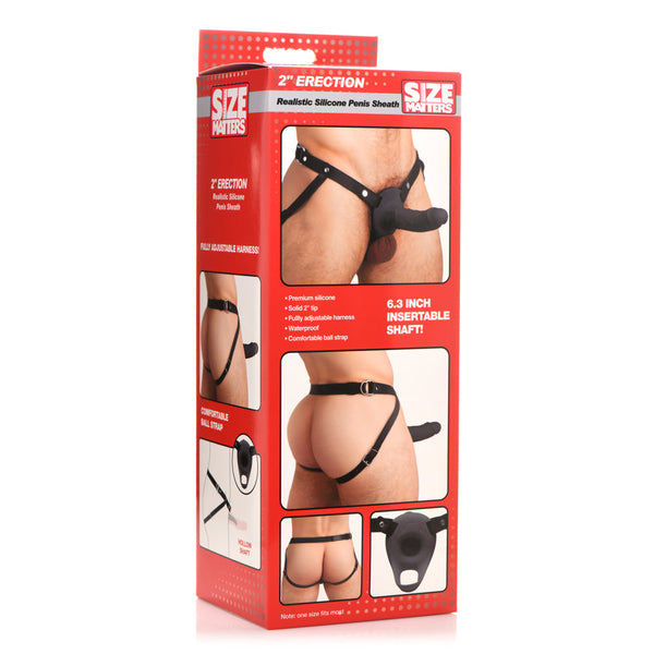 Size Matters 2-Inch Erection Sheath retail box showing product features and harness detail images