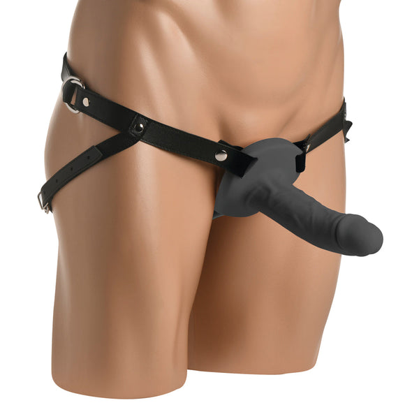 Size Matters 2-Inch Erection Sheath worn on mannequin, black silicone extension with leather harness