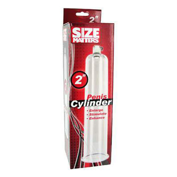Size Matters 2x9 inch clear penis pump cylinder shown in red retail box