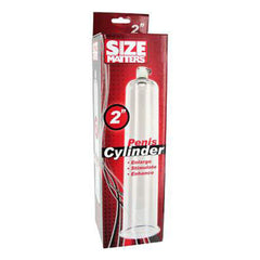 Size Matters 2x9 inch clear penis pump cylinder shown in red retail box