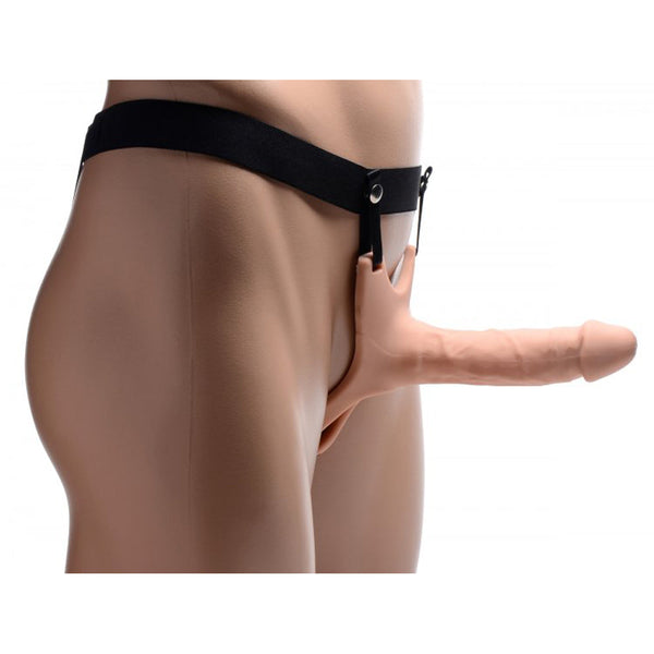 Size Matters Hollow Silicone Dildo Strap-On shown worn, featuring realistic flesh-toned shaft