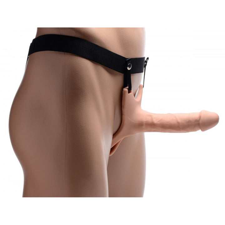 Size Matters Hollow Silicone Dildo Strap-On shown worn, featuring realistic flesh-toned shaft