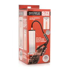 Size Matters Penis Pump Kit retail packaging showing product features and 2.5" cylinder label