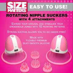 Size Matters Rotating Nipple Suckers packaging infographic highlighting 10 rotating patterns
