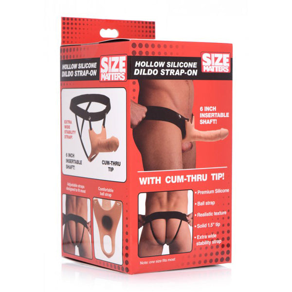 Size Matters Strap-On retail packaging displaying product features including 6-inch insertable shaft