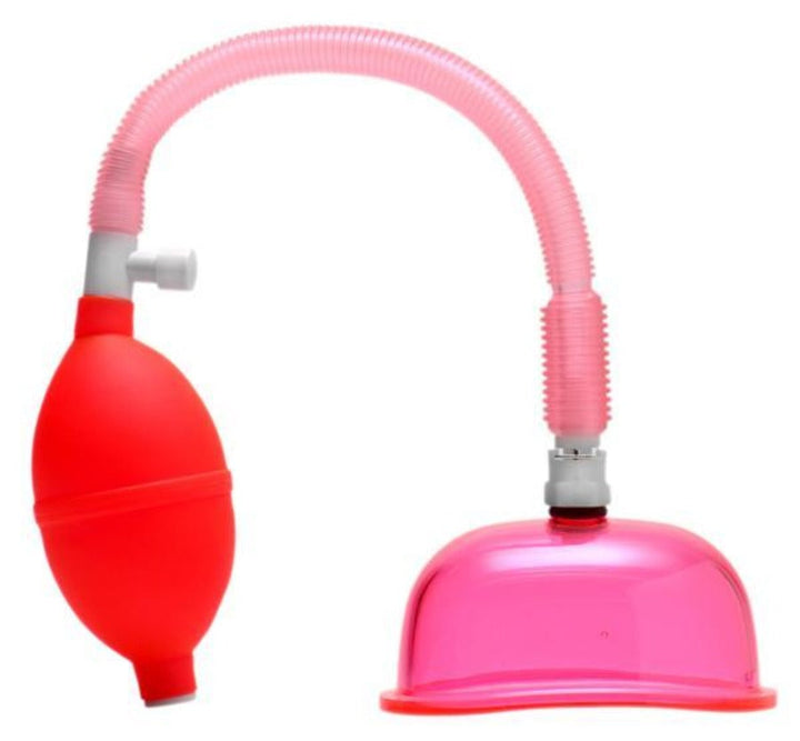 Size Matters Vaginal Pump with pink suction cup and red squeeze bulb connected by flexible hose