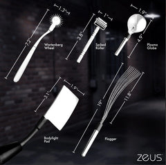 Size measurements for wartenberg wheel, spiked roller, plasma globe, bodylight pad, and ball chain flogger accessories