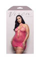 Plus size model in Call Me Baby hot pink lace dress shown on Vixen Fantasy Lingerie retail packaging