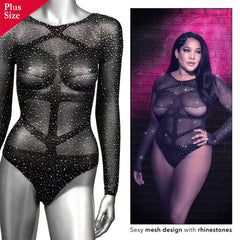 Plus size model and mannequin showing black rhinestone mesh long sleeve bodysuit design