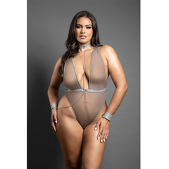 Plus-size model wearing grey sheer mesh plunge teddy with choker, chain detail, and wrist cuffs