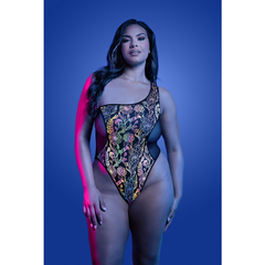 Plus-size model wearing one-shoulder floral reflective teddy with black mesh side panels