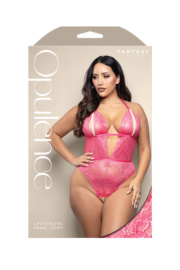 Plus-size Opulence Crotchless Pearl Teddy shown in retail packaging with full-length front image