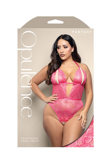 Plus-size Opulence Crotchless Pearl Teddy shown in retail packaging with full-length front image