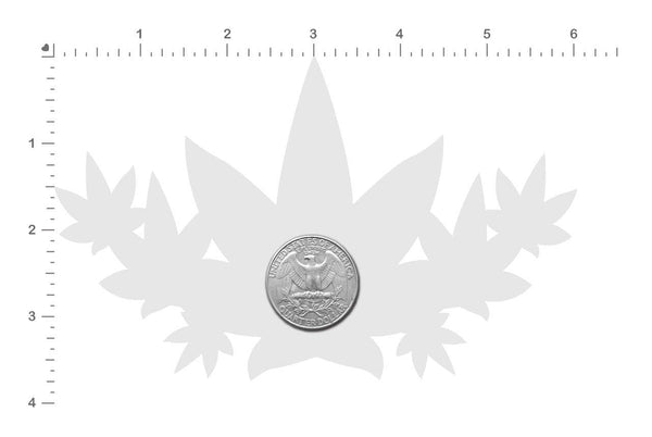 Size reference for green pot leaf pasties next to a quarter coin, approximately 4 inches wide
