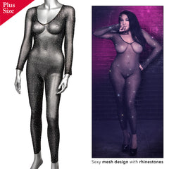 Plus-size rhinestone mesh bodysuit on mannequin beside model lifestyle photo in pink-lit setting