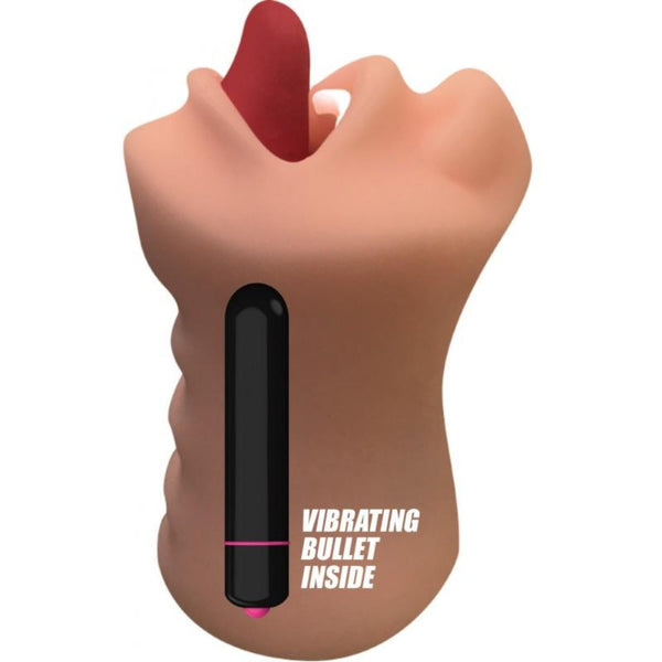 Skintastic mouth stroker with black vibrating bullet removed, showing textured grip exterior