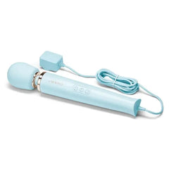 Sky blue Le Wand wand massager with matching corded plug and square adapter block