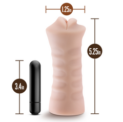 Skye masturbator dimensions 5.25in tall 1.25in opening with 3.4in bullet vibrator for scale