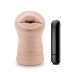 Skye open-ended mouth stroker in vanilla beside included single-speed black bullet vibrator