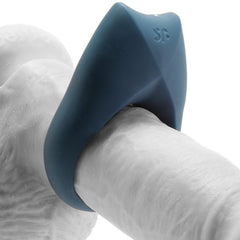 Slate-blue Satisfyer Royal One worn on a dildo, showing the flexible silicone body and SF logo detail