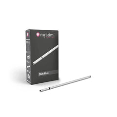 Slim Finn sound beside its dark Mystim branded box showing slim cylindrical design