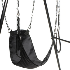 Slinger sex sling hanging from a black metal stand, showing curved seat shape