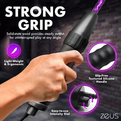 Close-up of slip-free textured silicone handle grip with easy-to-use intensity dial on the violet wand device