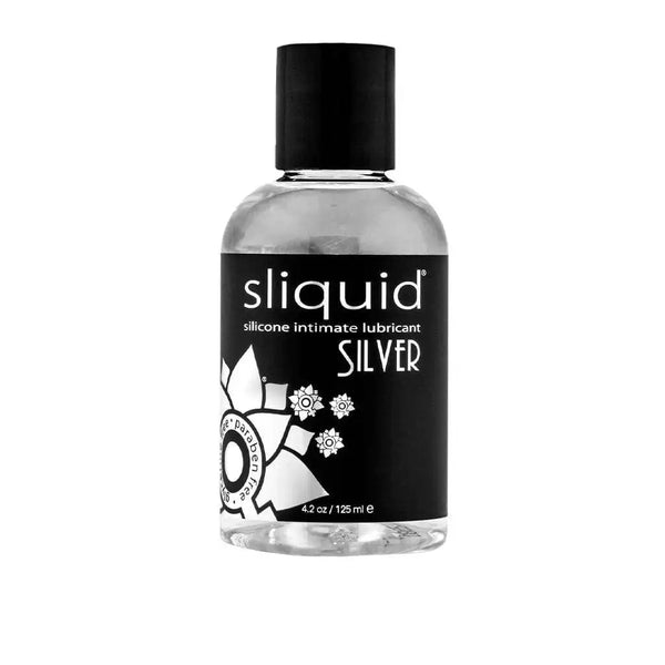 Sliquid Silver silicone lubricant in a clear 4.2 oz bottle with black cap and label