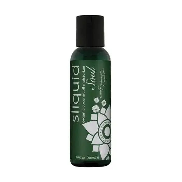 Sliquid Soul organic coconut oil moisturizer in a 2oz dark green bottle with black cap