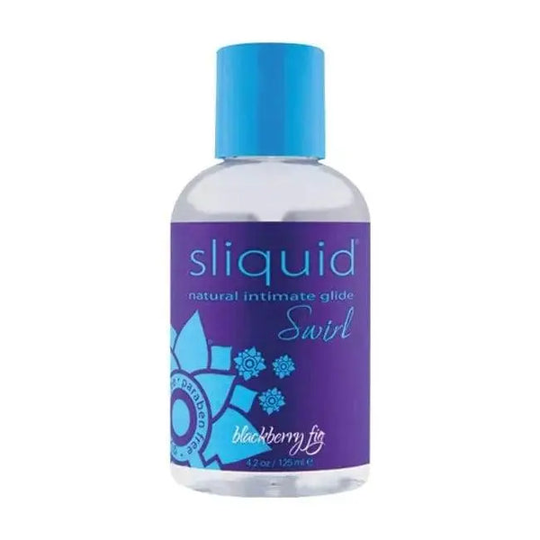 Sliquid Swirl flavored lubricant in blackberry fig, clear 4.2 oz bottle with blue cap
