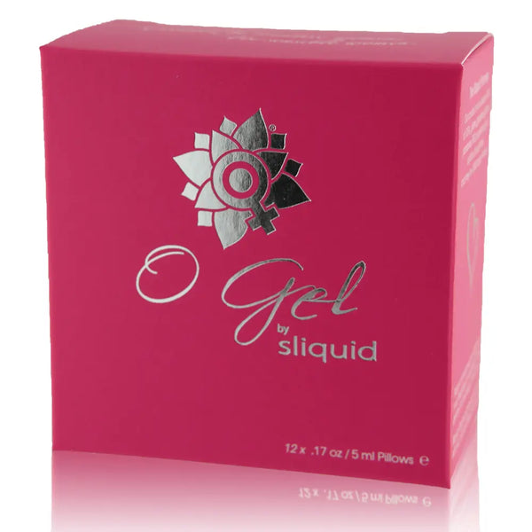 Sliquid O Gel Cube box in bold pink with silver logo, containing 12 x 5ml single-use pillows