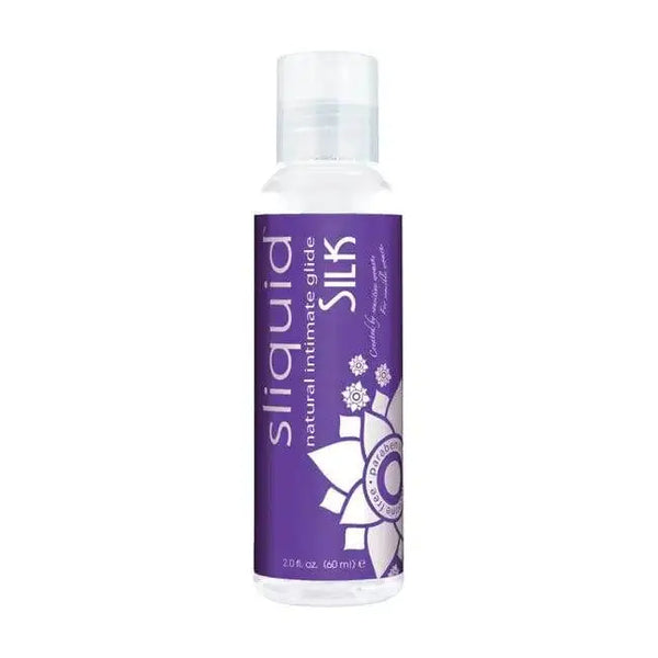 Sliquid Silk Hybrid Lubricant 2oz clear pump bottle with purple label